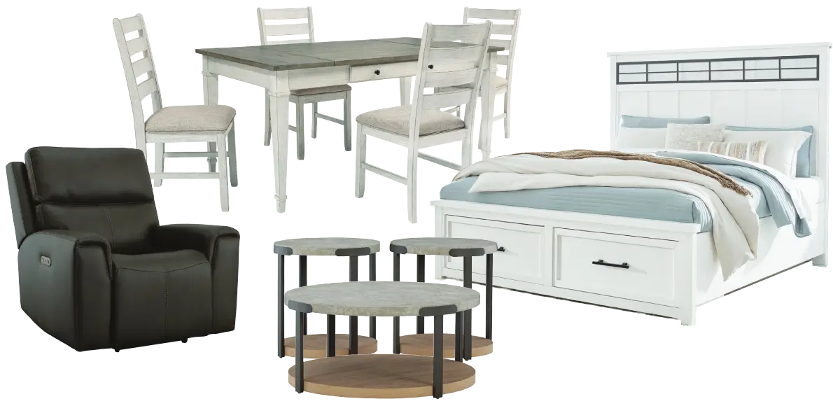 Recliner, dining table, bed and coffee tables